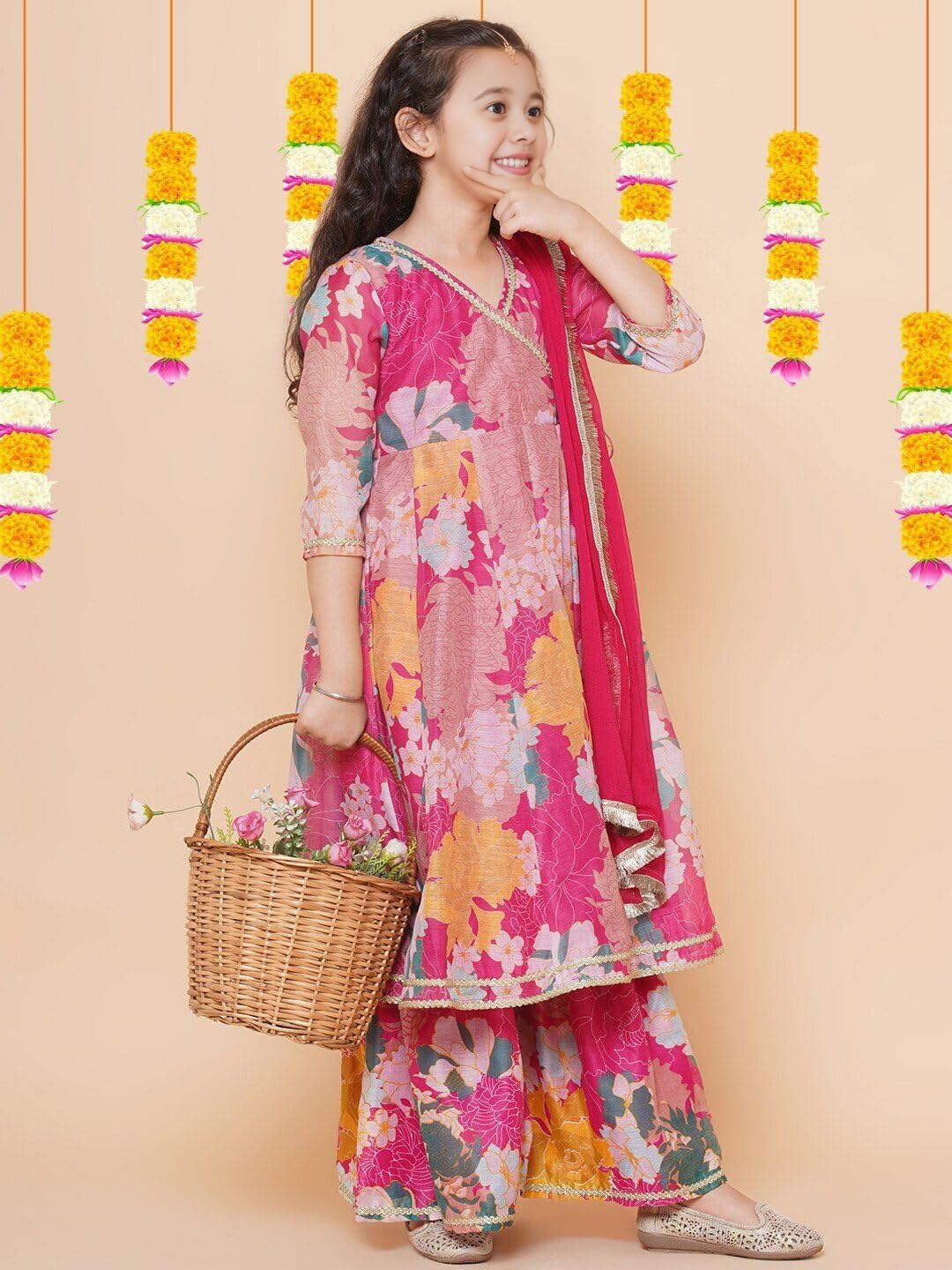 Naixa Girls Rayon Fabric Floral Printed 3/4 Sleeve Sharara Dress Set For All Occasion salwar suit