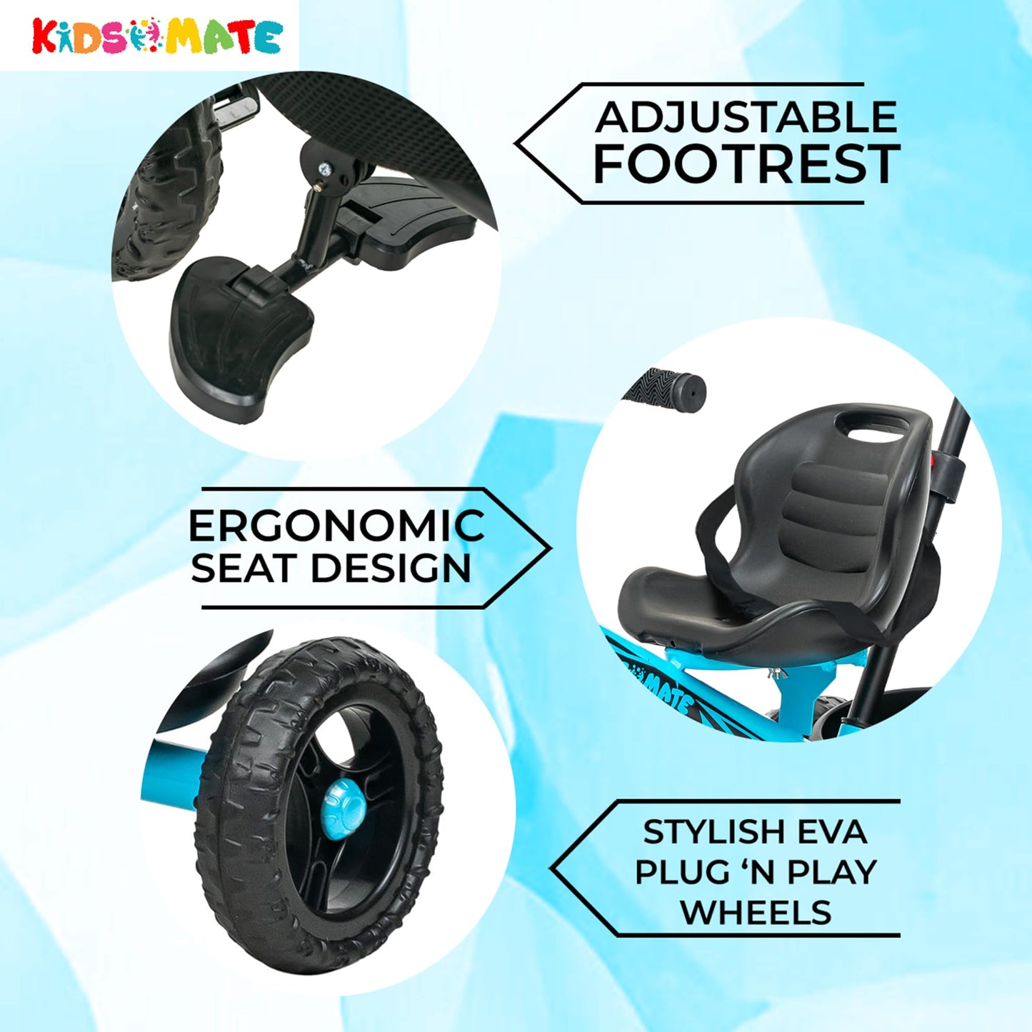 Kidsmate Xplorer 3-in-1 Tricycle for Kids | Durable Plug & Play Baby Trike with EVA Wheels, Safety Rail & Push Handle for Parents | Safe & Comfortable Ride for Toddlers 12-48 Months