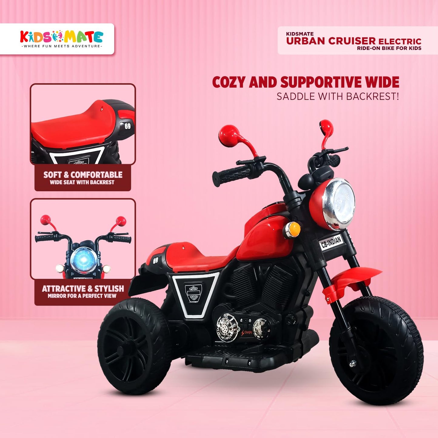 Kidsmate Urban Cruiser Electric Ride-On Bike for Kids | Stylish Chopper Design with LED Lights, Music & USB Bluetooth | 6V Battery-Powered Kids Motor Bike for Boys & Girls 1-5 Yrs - Red