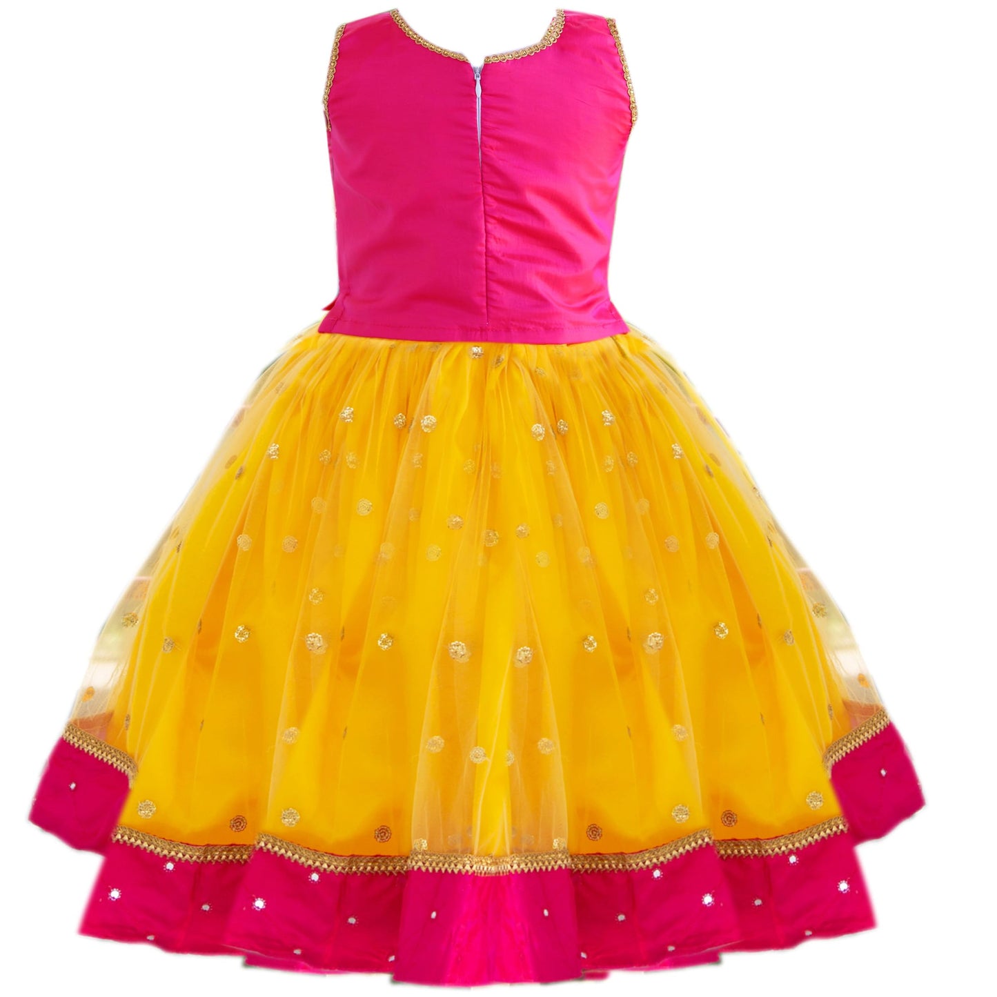 Stanwells Kids Girls Orange & Magenta Mirror Work Flared Net Sleeveless Lehenga Choli Set Pattupavadai for Girls