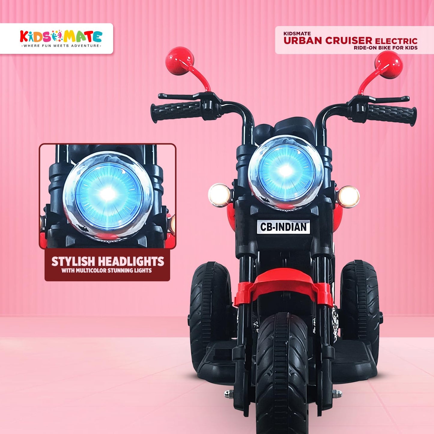 Kidsmate Urban Cruiser Electric Ride-On Bike for Kids | Stylish Chopper Design with LED Lights, Music & USB Bluetooth | 6V Battery-Powered Kids Motor Bike for Boys & Girls 1-5 Yrs - Red