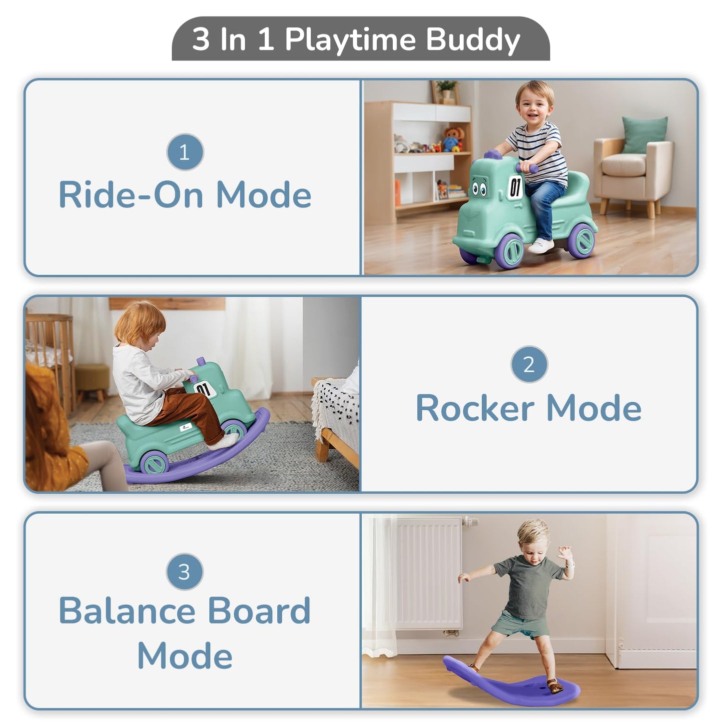 R for Rabbit Rock N Ride 3 in 1 Baby Push Ride-On Car with Rocker & Balance Board Mode | Non-Toxic, Durable and Safe Rocking Horse Rider for Kids 1-4 Years Age, Upto 20kgs Weight (Blue Orange)