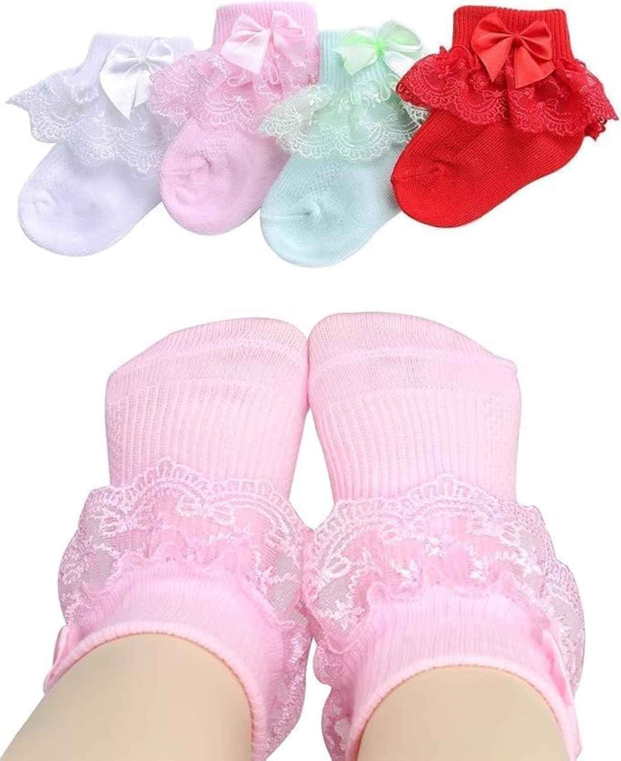Baby Girls Soft Cotton Lace Ankle Socks - Multicolor Frilly Socks with Bows & Flowers | Pack of 3 | Newborn to 12 Months | Cute Infant Socks for Party