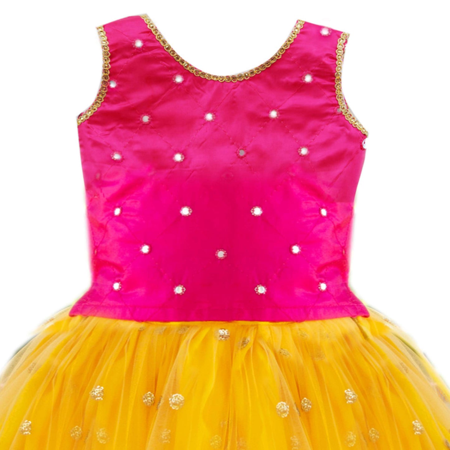 Stanwells Kids Girls Orange & Magenta Mirror Work Flared Net Sleeveless Lehenga Choli Set Pattupavadai for Girls