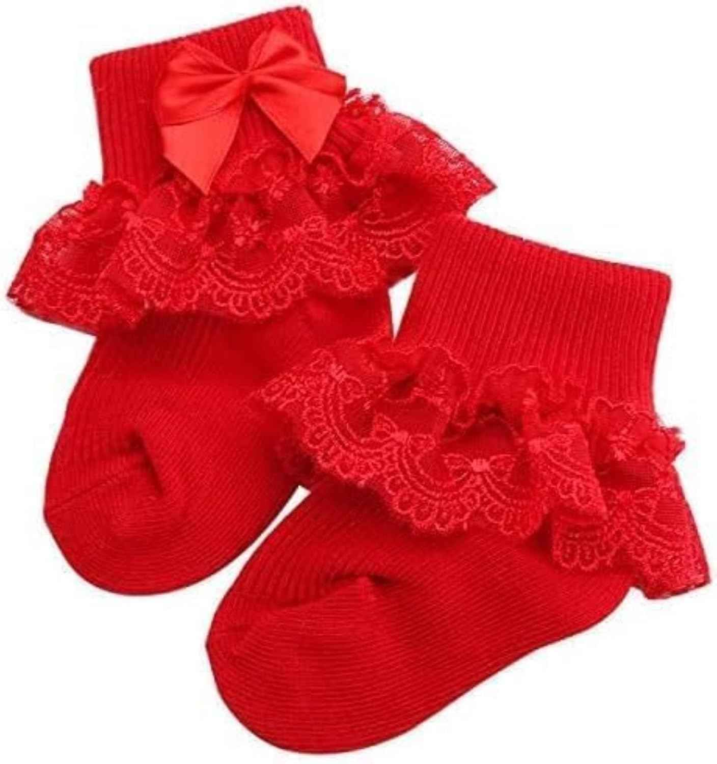Baby Girls Soft Cotton Lace Ankle Socks - Multicolor Frilly Socks with Bows & Flowers | Pack of 3 | Newborn to 12 Months | Cute Infant Socks for Party