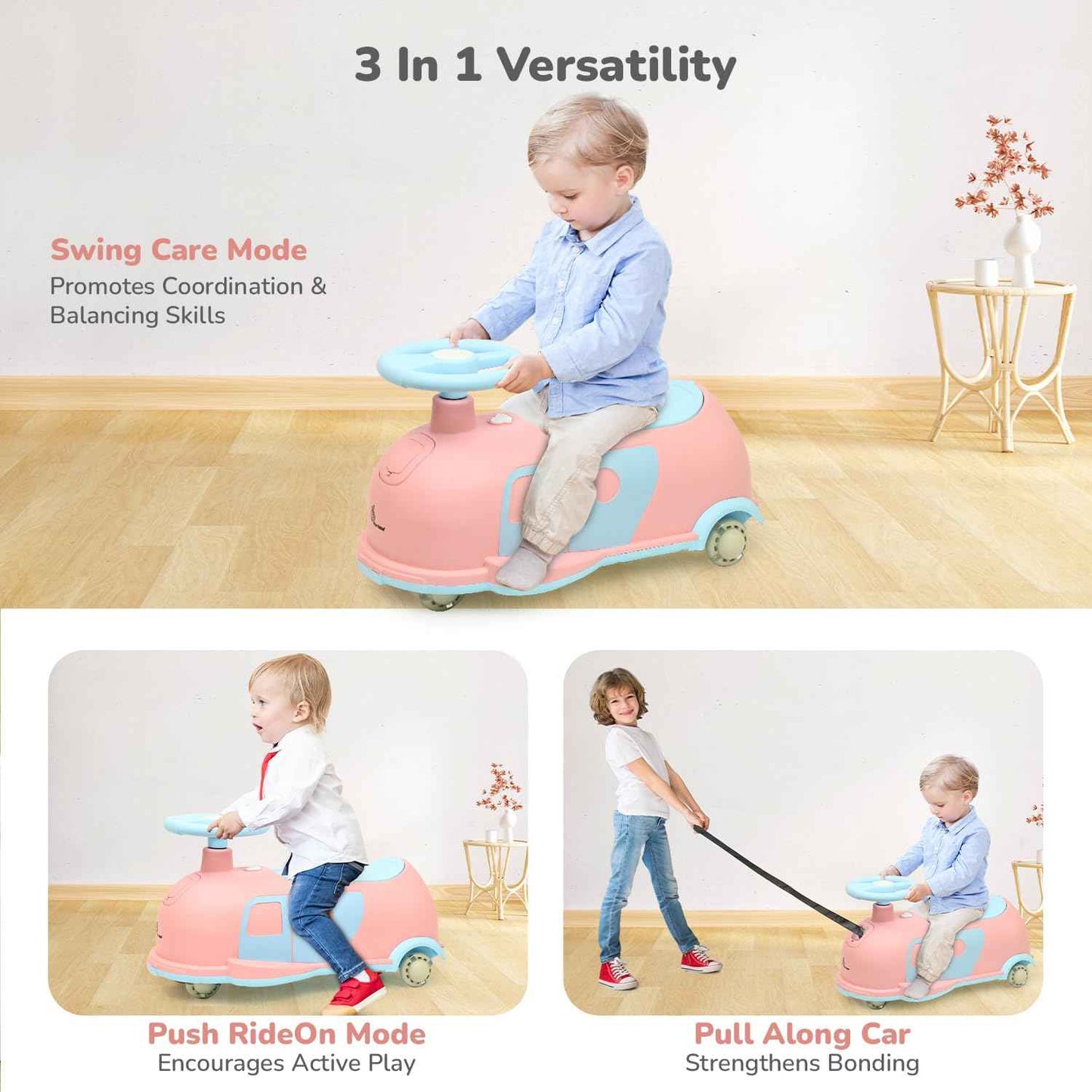 R for Rabbit Iya Iya Caravan 3 in 1 Kids Swing Car, Push & Pull Ride-On with Scratch Free PU LED Wheels & ABEC7 Bearing, Baby Twister Magic Car for 2+ Years Boys & Girls, Upto 75 Kgs (Blue Peach)