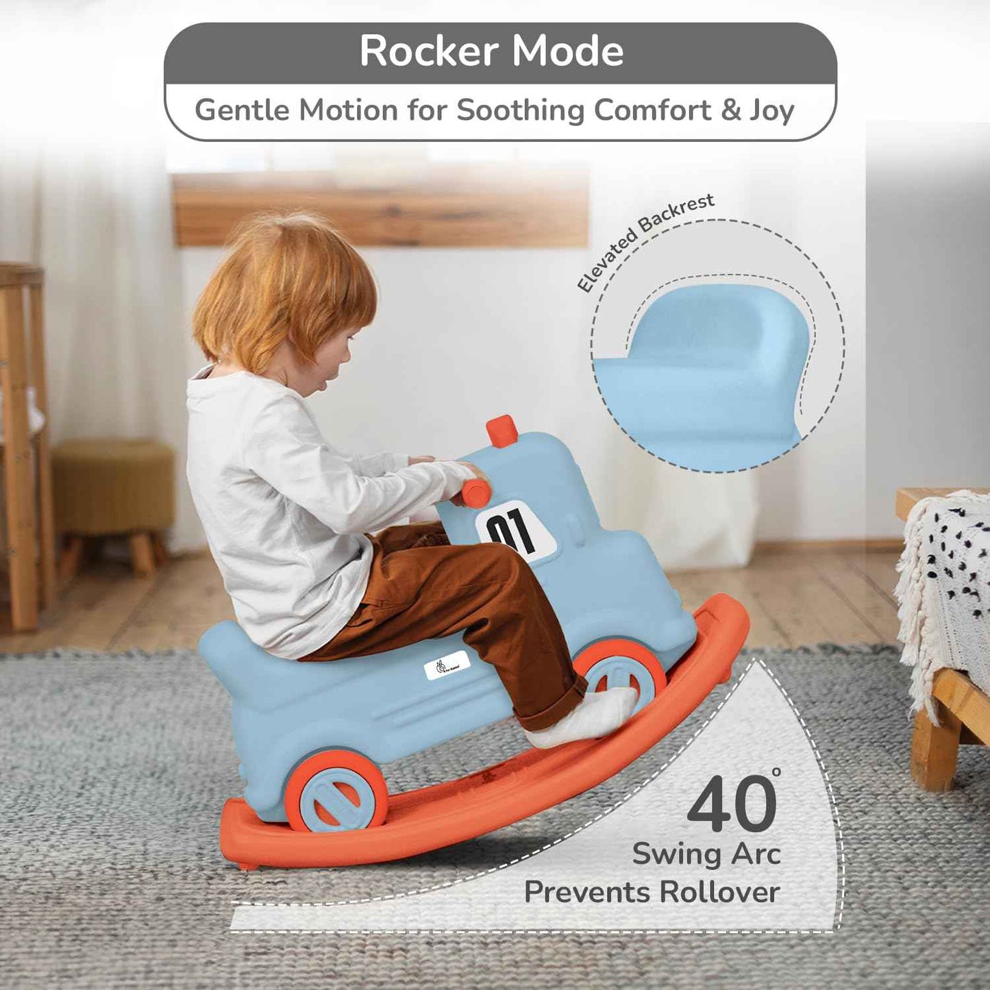 R for Rabbit Rock N Ride 3 in 1 Baby Push Ride-On Car with Rocker & Balance Board Mode | Non-Toxic, Durable and Safe Rocking Horse Rider for Kids 1-4 Years Age, Upto 20kgs Weight (Blue Orange)