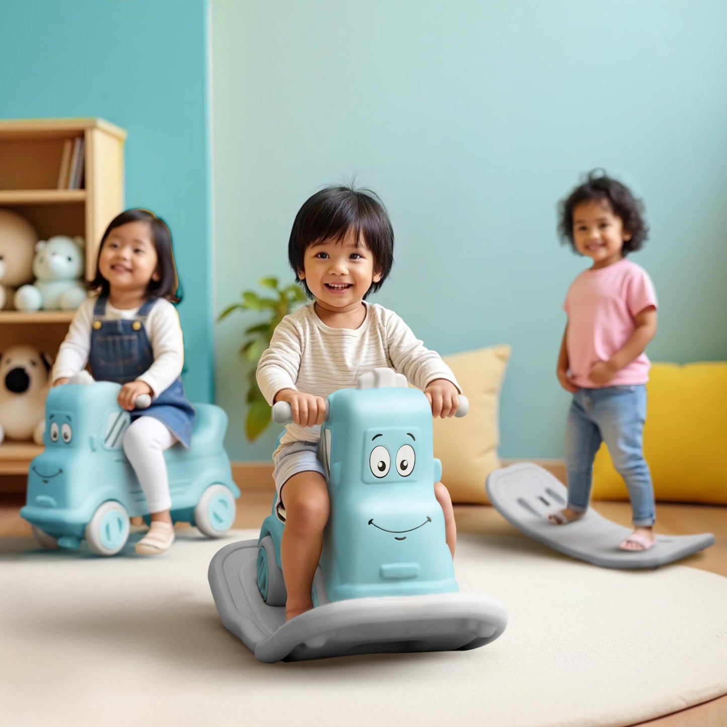 Happy Bear 3-in-1 Rock and Roll Ride-On | Push Car for 1 – 5 Years | Rocking Horse for Toddlers | Balance Board | Safe, Sturdy & Fun Indoor Toy - Yellow
