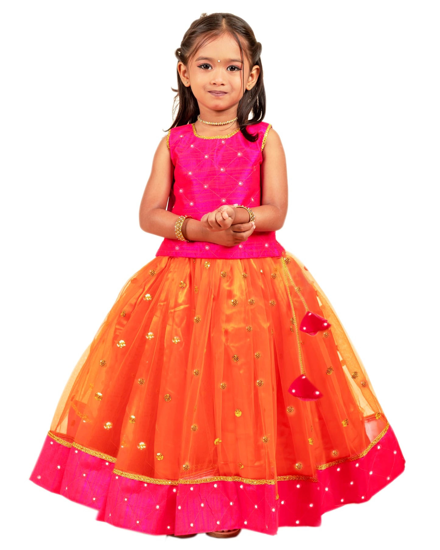 Stanwells Kids Girls Orange & Magenta Mirror Work Flared Net Sleeveless Lehenga Choli Set Pattupavadai for Girls