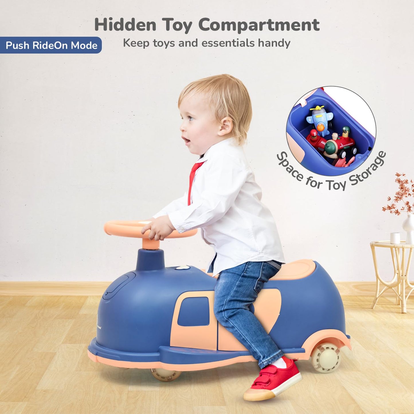 R for Rabbit Iya Iya Caravan 3 in 1 Kids Swing Car, Push & Pull Ride-On with Scratch Free PU LED Wheels & ABEC7 Bearing, Baby Twister Magic Car for 2+ Years Boys & Girls, Upto 75 Kgs (Blue Peach)