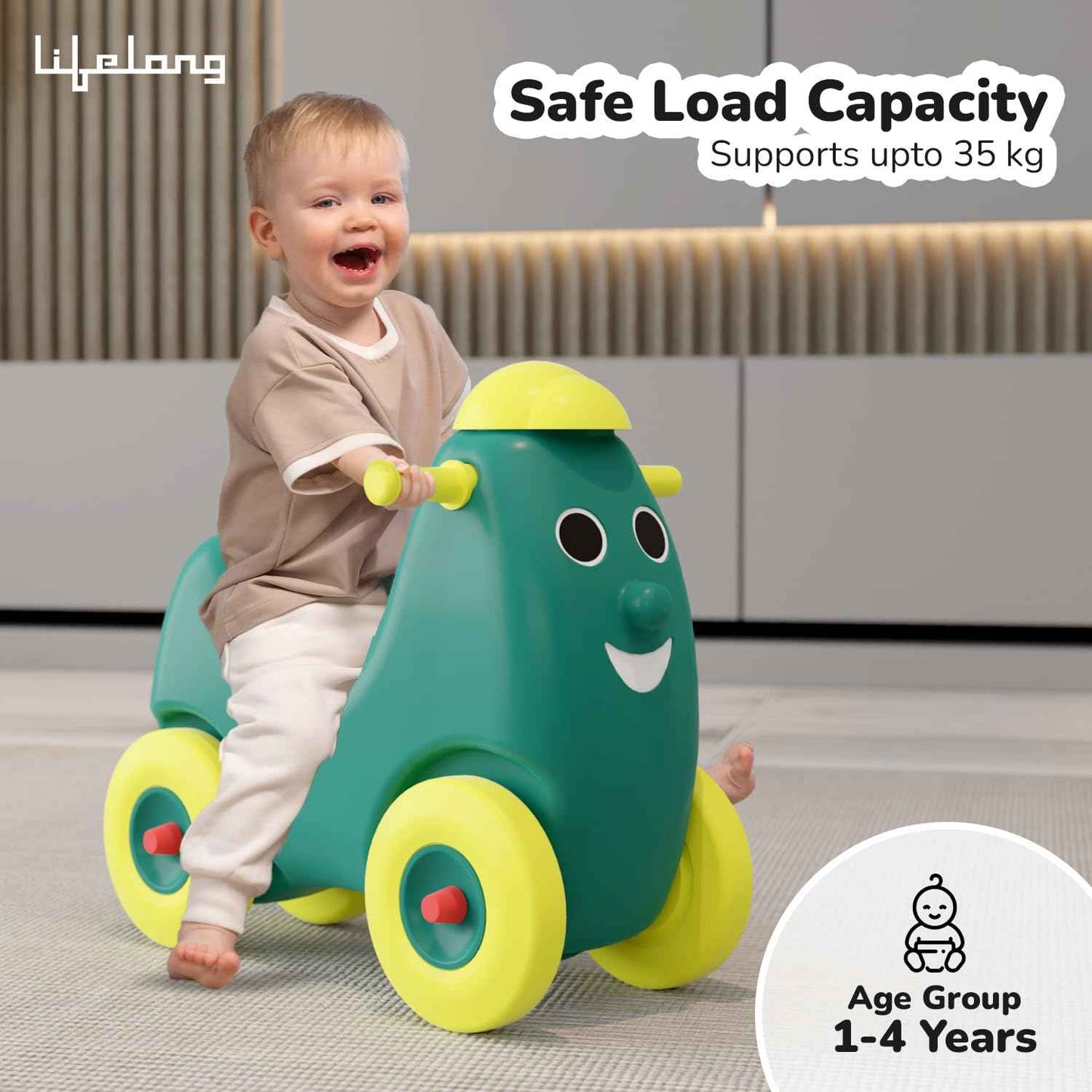 Lifelong Cuppy Smiling Ride-On for Kids|Baby Car Ride On|Baby Car for 1+ Years|Push Ride On for Kids Driving|Rider for Baby|Baby Push Car Toy|Fun & Engaging Playtime (LLCKSR01),Multicolour