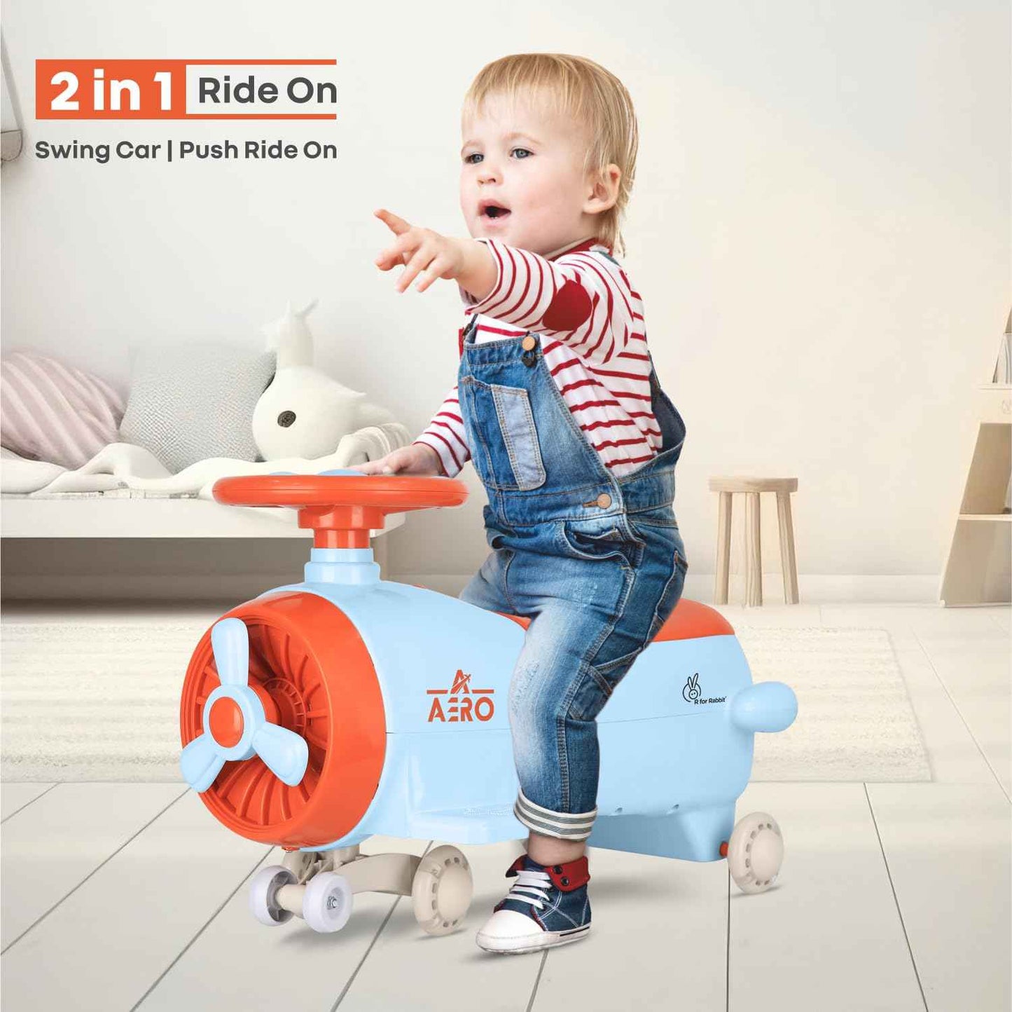 R for Rabbit Iya Iya Aero Kids Swing Car, Scratch Free PU LED Wheels with ABEC7 Bearing, Baby Ride on Magic Toy Panda Car for 2+ Years Boys & Girls, Upto 75 Kgs (Blue Orange)