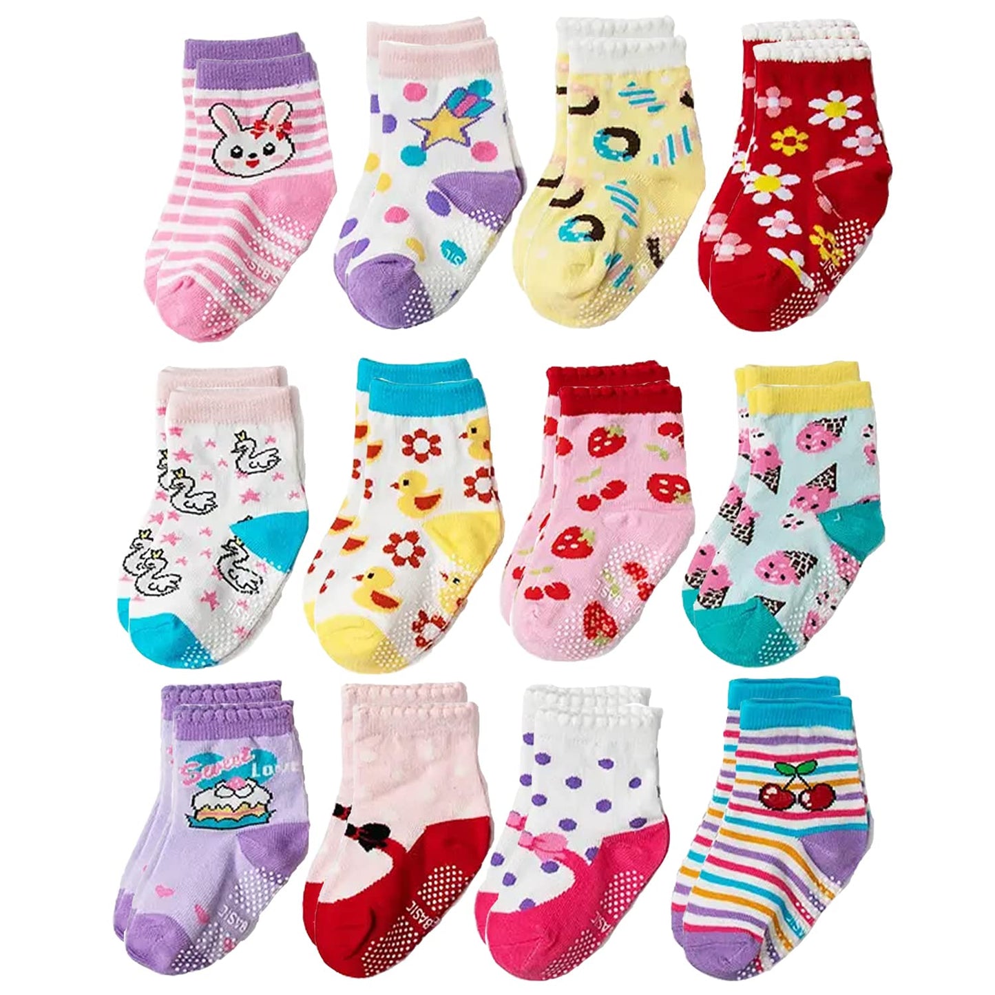 FIMALIA Organic Cotton Anti-Skid Socks Non Slip Kids Toddler Socks with Grip | (Pack of 4,6 &12 Pair) (Color & Print May Vary) (0 to 5 years size)