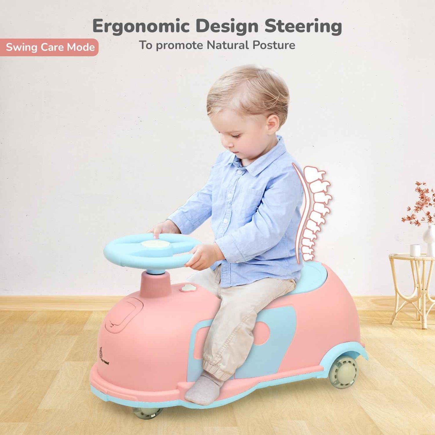 R for Rabbit Iya Iya Caravan 3 in 1 Kids Swing Car, Push & Pull Ride-On with Scratch Free PU LED Wheels & ABEC7 Bearing, Baby Twister Magic Car for 2+ Years Boys & Girls, Upto 75 Kgs (Blue Peach)