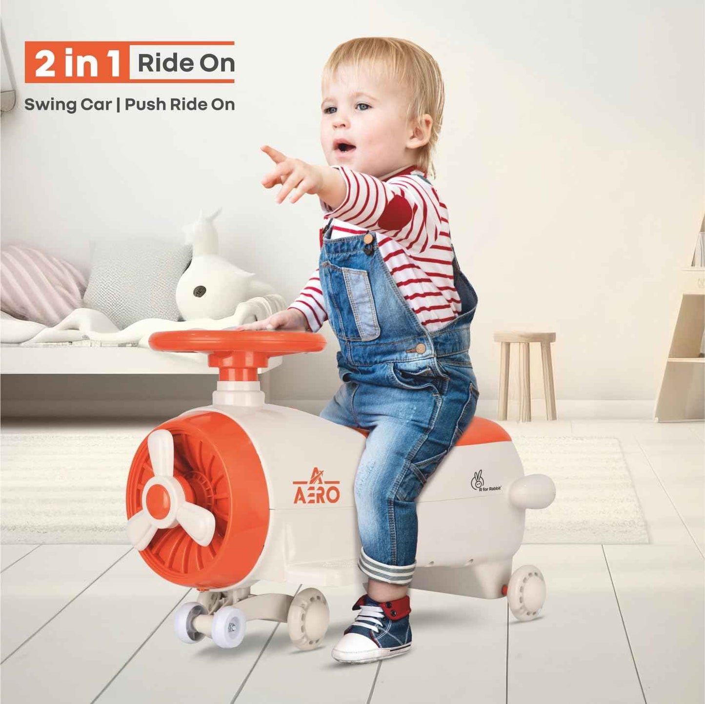 R for Rabbit Iya Iya Aero Kids Swing Car, Scratch Free PU LED Wheels with ABEC7 Bearing, Baby Ride on Magic Toy Panda Car for 2+ Years Boys & Girls, Upto 75 Kgs (Blue Orange)