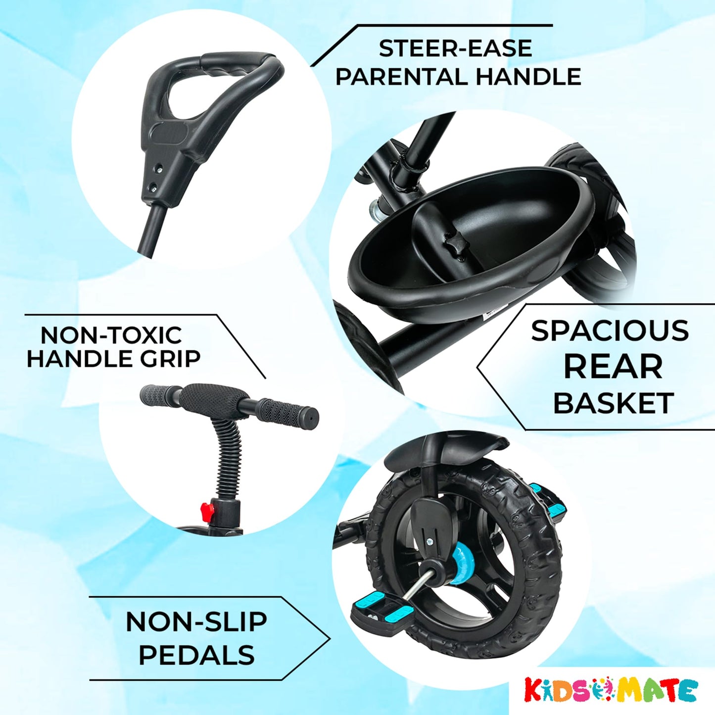 Kidsmate Xplorer 3-in-1 Tricycle for Kids | Durable Plug & Play Baby Trike with EVA Wheels, Safety Rail & Push Handle for Parents | Safe & Comfortable Ride for Toddlers 12-48 Months