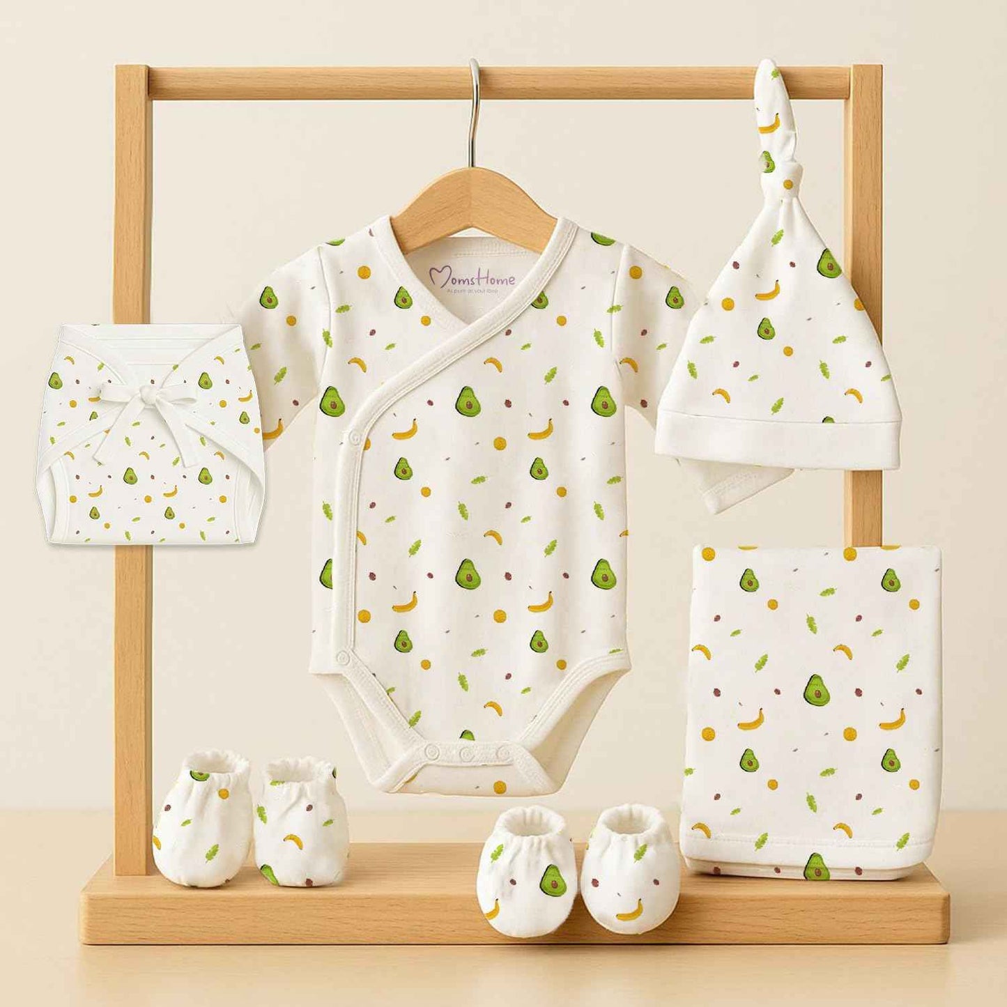 MOM'S HOME Organic Cotton Baby Clothing Set | Baby Essential Clothes For Newborn | Baby Shower Gift Hamper | 0-6 Months | Avocado | Pack of 6