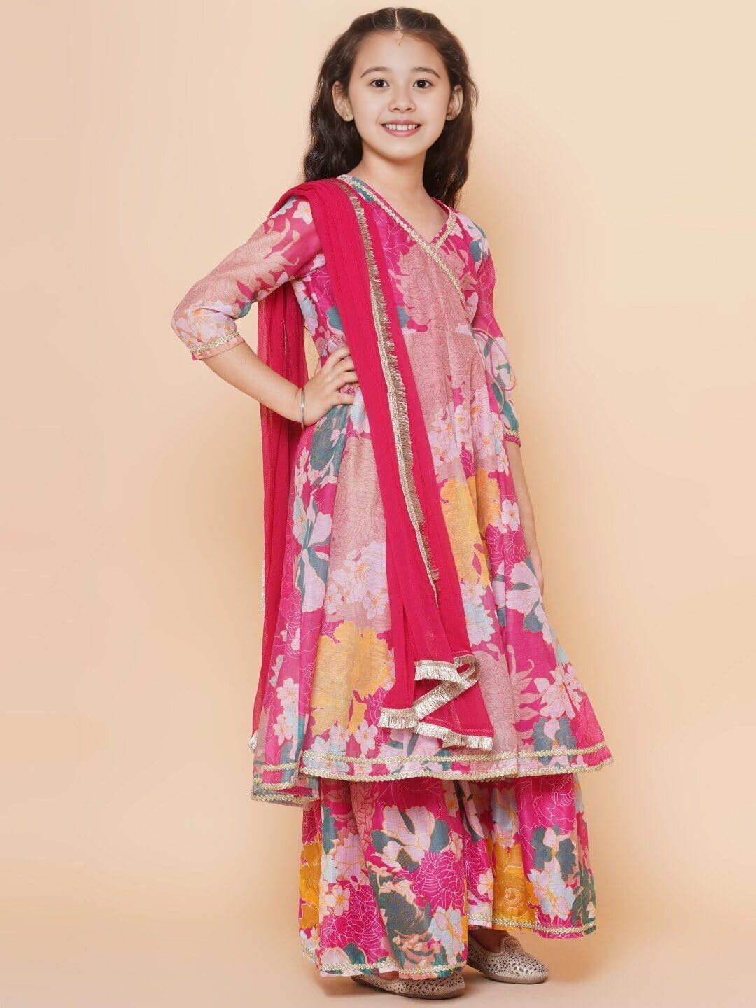 Naixa Girls Rayon Fabric Floral Printed 3/4 Sleeve Sharara Dress Set For All Occasion salwar suit