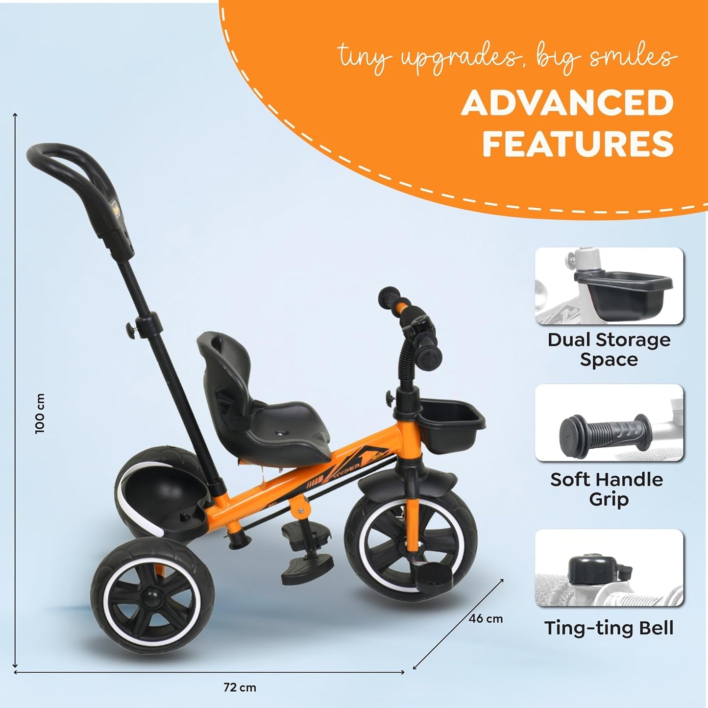 Luusa® TFT Hyper 500 PRO Canopy Plug N Play Tricycle/Baby Tricycle with Parental Control for Age Group 2+ Years Boys/Girls/Carrying Capacity Upto 30-KGS Proudly Made in India (ICE-Blue)