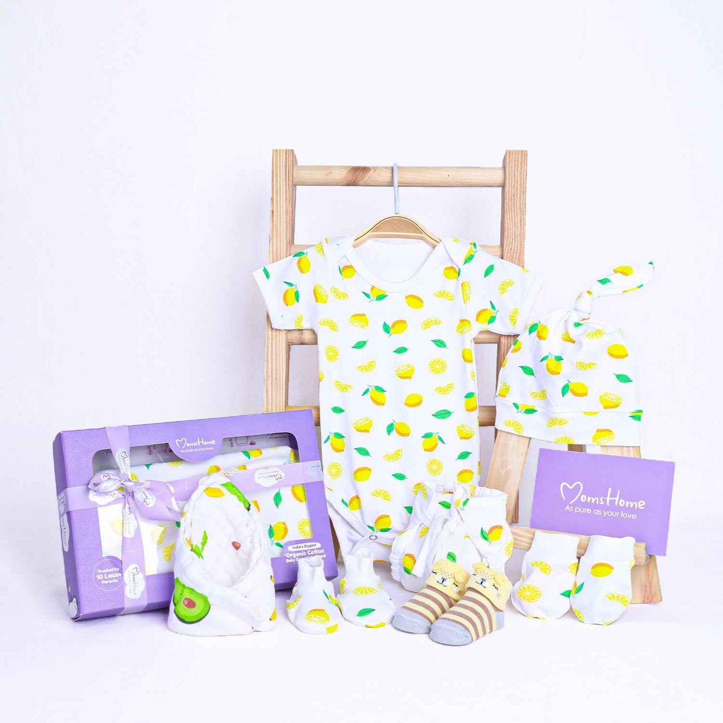 MOM'S HOME Organic Cotton Baby Essentials Gift Set | Baby Shower Gift Hamper | Baby Clothing Gift Combo | Lemon | Pack of 7