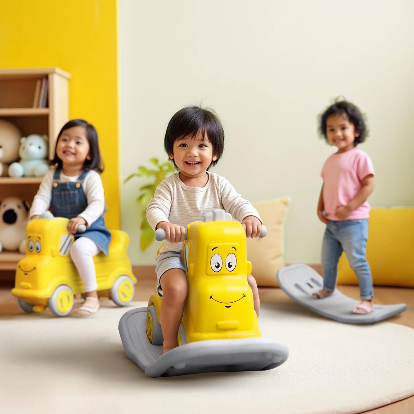 Happy Bear 3-in-1 Rock and Roll Ride-On | Push Car for 1 – 5 Years | Rocking Horse for Toddlers | Balance Board | Safe, Sturdy & Fun Indoor Toy - Yellow