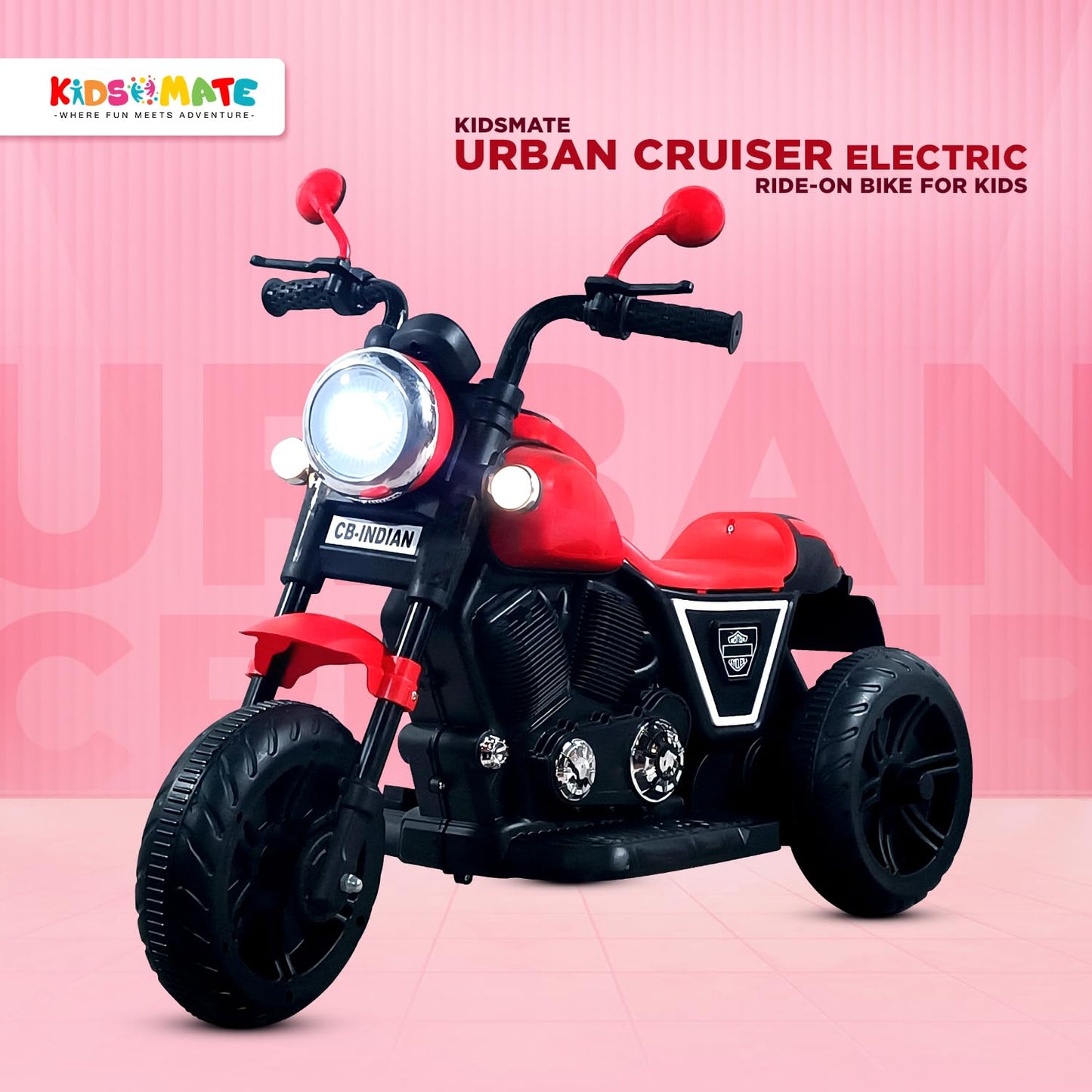 Kidsmate Urban Cruiser Electric Ride-On Bike for Kids | Stylish Chopper Design with LED Lights, Music & USB Bluetooth | 6V Battery-Powered Kids Motor Bike for Boys & Girls 1-5 Yrs - Red