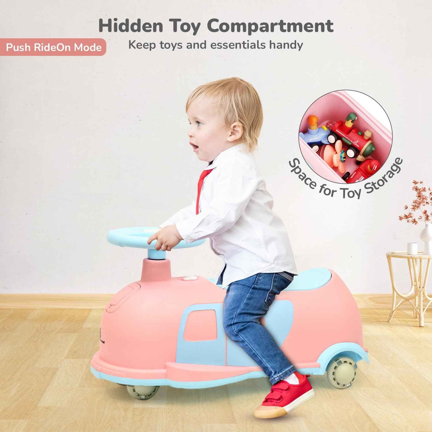 R for Rabbit Iya Iya Caravan 3 in 1 Kids Swing Car, Push & Pull Ride-On with Scratch Free PU LED Wheels & ABEC7 Bearing, Baby Twister Magic Car for 2+ Years Boys & Girls, Upto 75 Kgs (Blue Peach)