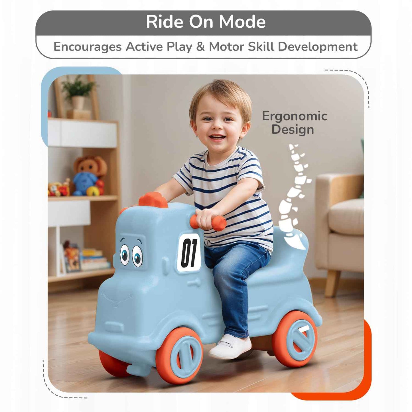 R for Rabbit Rock N Ride 3 in 1 Baby Push Ride-On Car with Rocker & Balance Board Mode | Non-Toxic, Durable and Safe Rocking Horse Rider for Kids 1-4 Years Age, Upto 20kgs Weight (Blue Orange)