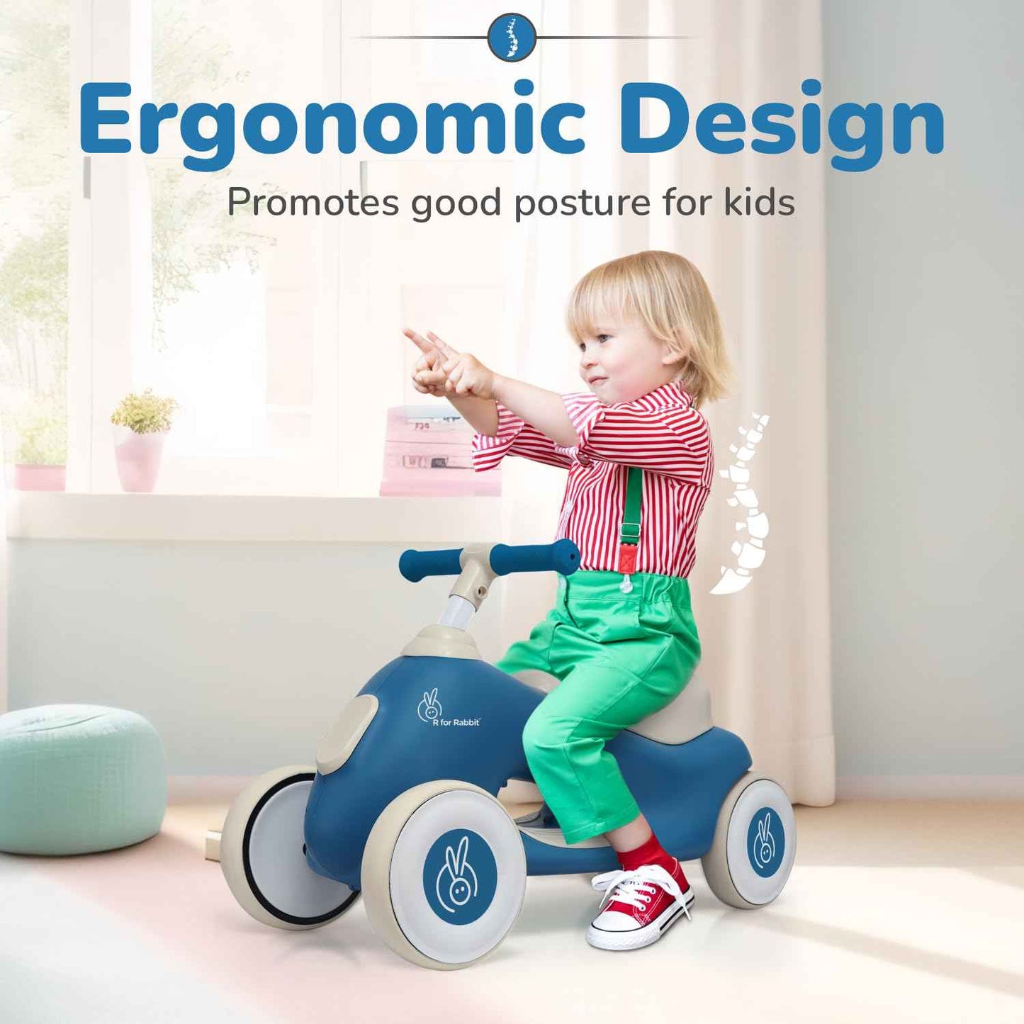 R for Rabbit Speedster Zoomy Push Ride-On for Baby, Wide TPE Wheels with Ergonomic & Comfortable Seat, Non Slip Footrest for 1 to 4 Years Kids, 20 Kgs Weight Capacity (Blue Grey)