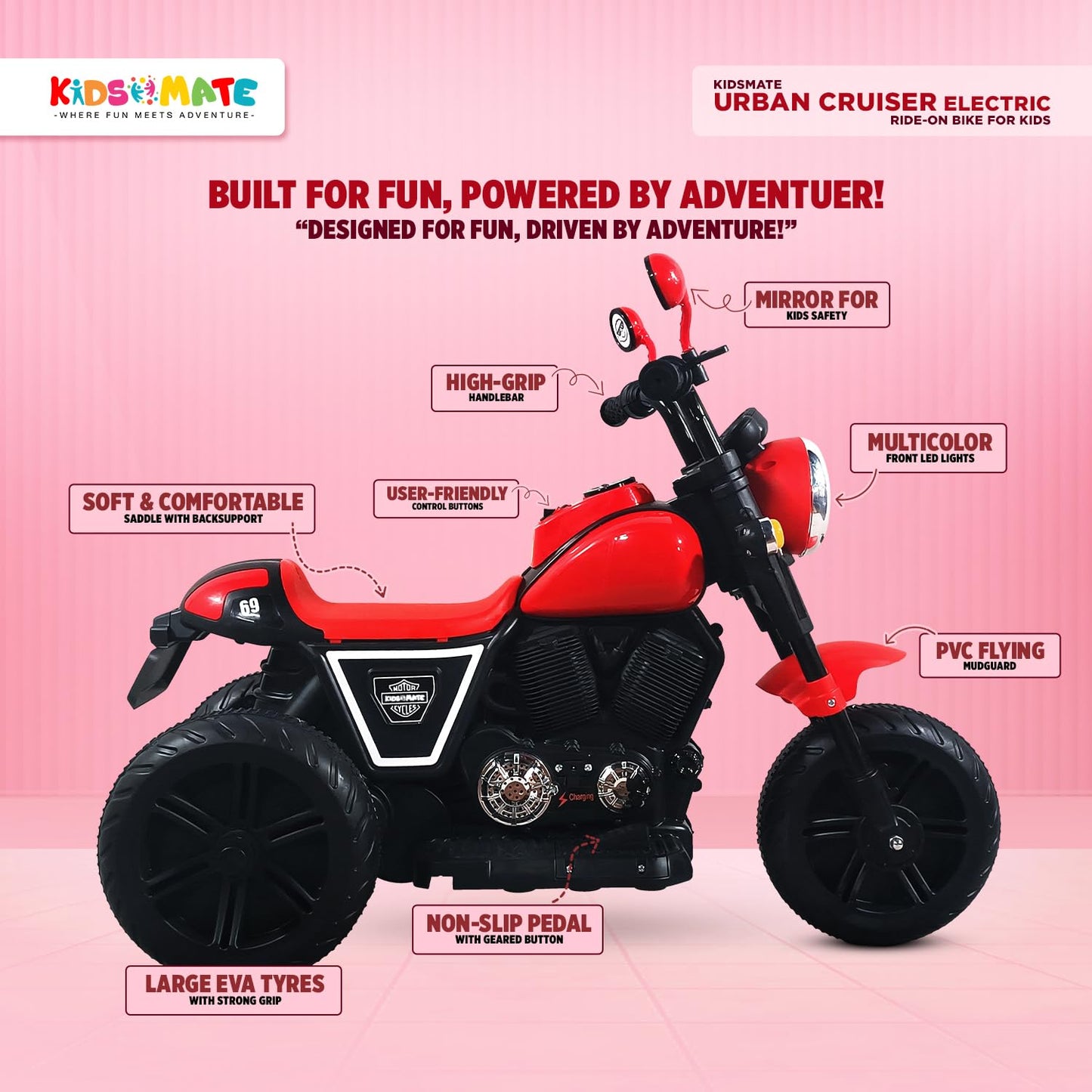 Kidsmate Urban Cruiser Electric Ride-On Bike for Kids | Stylish Chopper Design with LED Lights, Music & USB Bluetooth | 6V Battery-Powered Kids Motor Bike for Boys & Girls 1-5 Yrs - Red