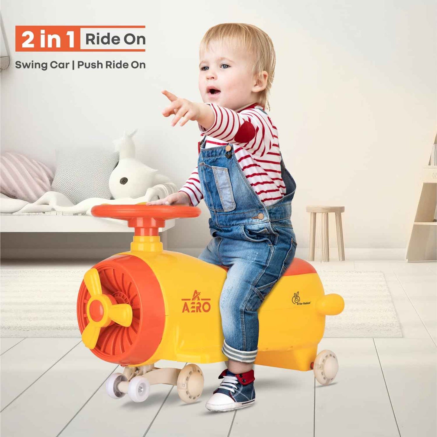 R for Rabbit Iya Iya Aero Kids Swing Car, Scratch Free PU LED Wheels with ABEC7 Bearing, Baby Ride on Magic Toy Panda Car for 2+ Years Boys & Girls, Upto 75 Kgs (Blue Orange)