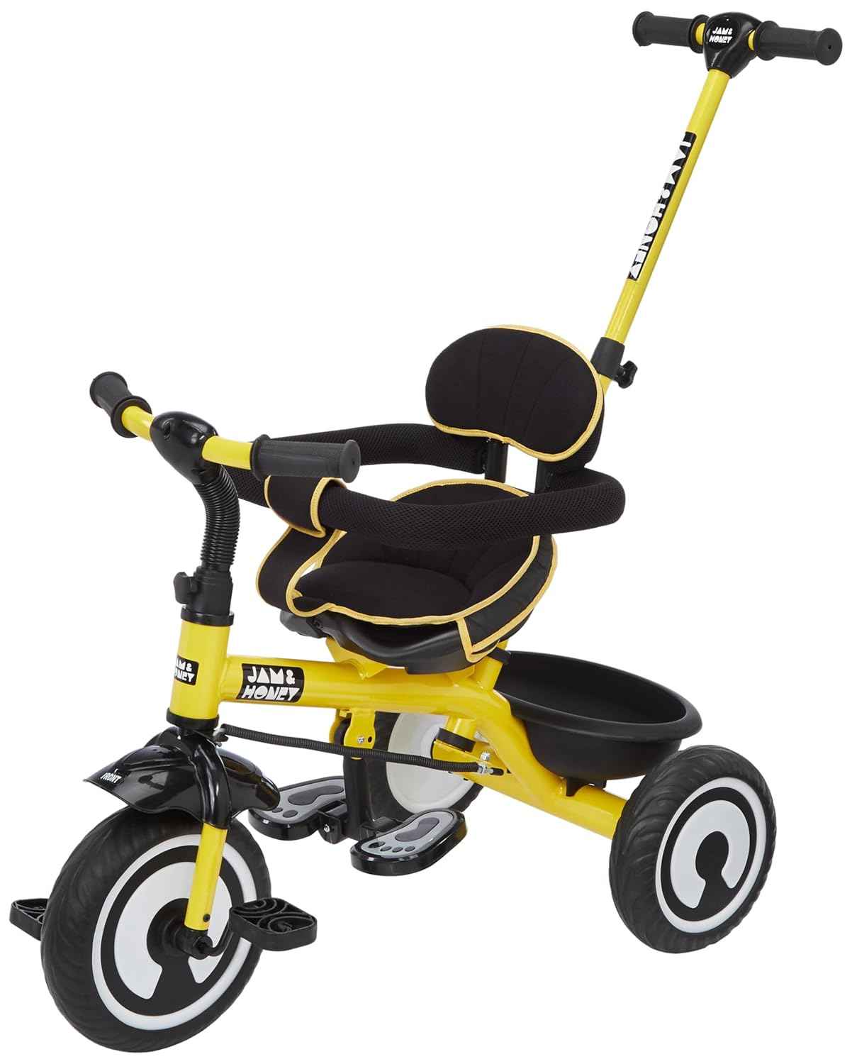 Amazon Brand - Jam & Honey Tricycle for Kids | 2-in-1 with Pedalling & Parental Control | Cushioned Seat | Guardrail & Anti-Slip Handle for Safety | for 2 Years+ Boys and Girls | Yellow and Black