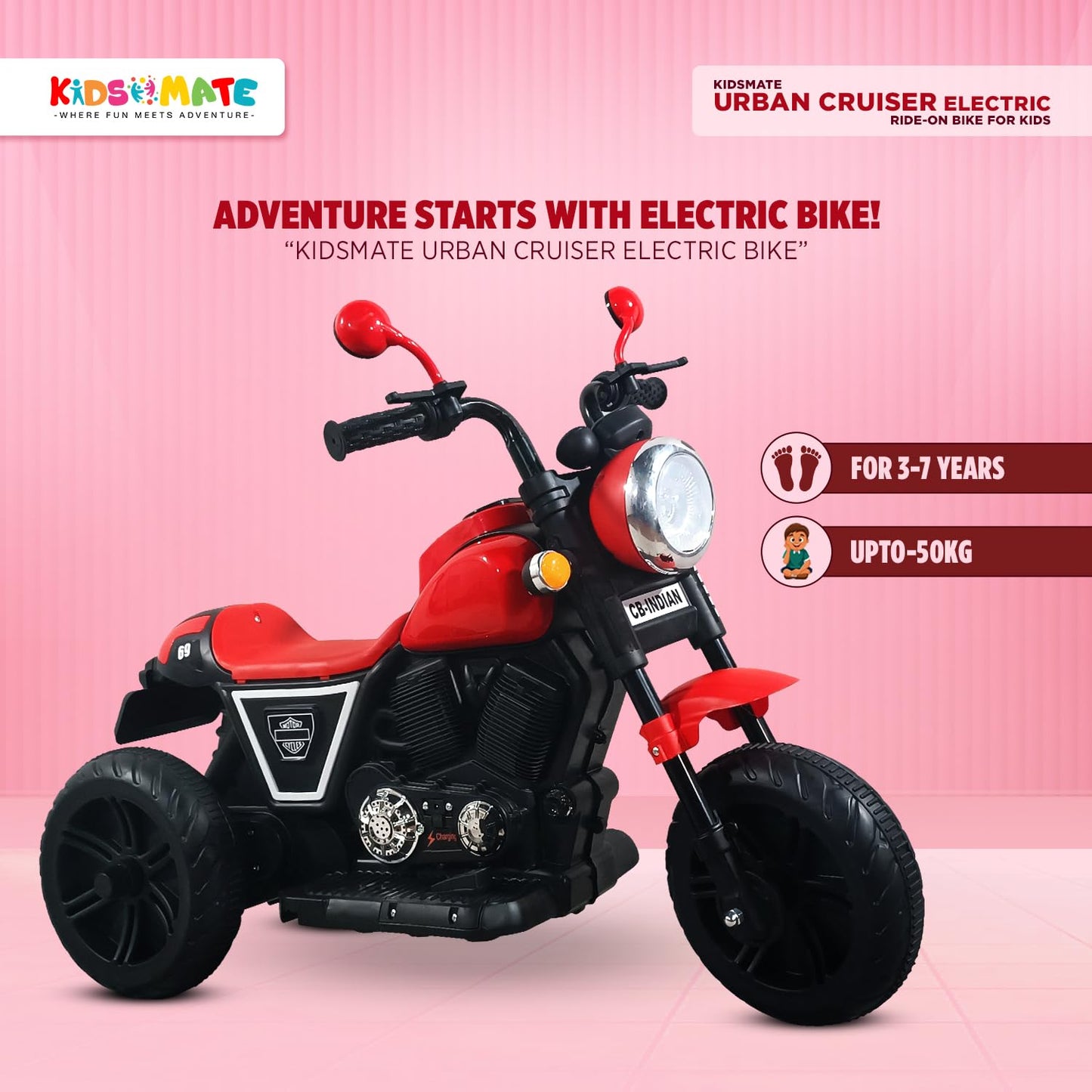 Kidsmate Urban Cruiser Electric Ride-On Bike for Kids | Stylish Chopper Design with LED Lights, Music & USB Bluetooth | 6V Battery-Powered Kids Motor Bike for Boys & Girls 1-5 Yrs - Red