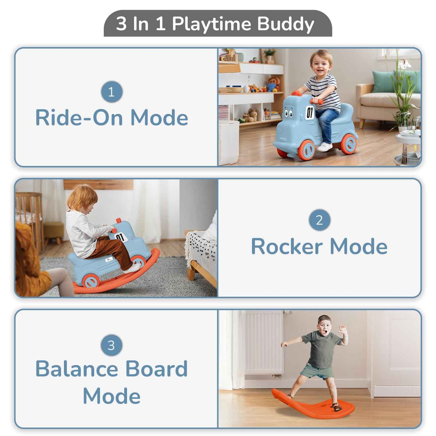 R for Rabbit Rock N Ride 3 in 1 Baby Push Ride-On Car with Rocker & Balance Board Mode | Non-Toxic, Durable and Safe Rocking Horse Rider for Kids 1-4 Years Age, Upto 20kgs Weight (Blue Orange)
