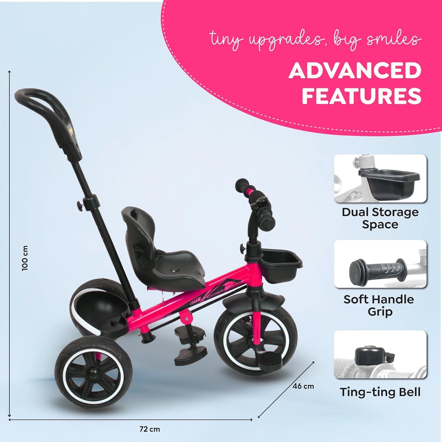 Luusa® TFT Hyper 500 PRO Canopy Plug N Play Tricycle/Baby Tricycle with Parental Control for Age Group 2+ Years Boys/Girls/Carrying Capacity Upto 30-KGS Proudly Made in India (ICE-Blue)