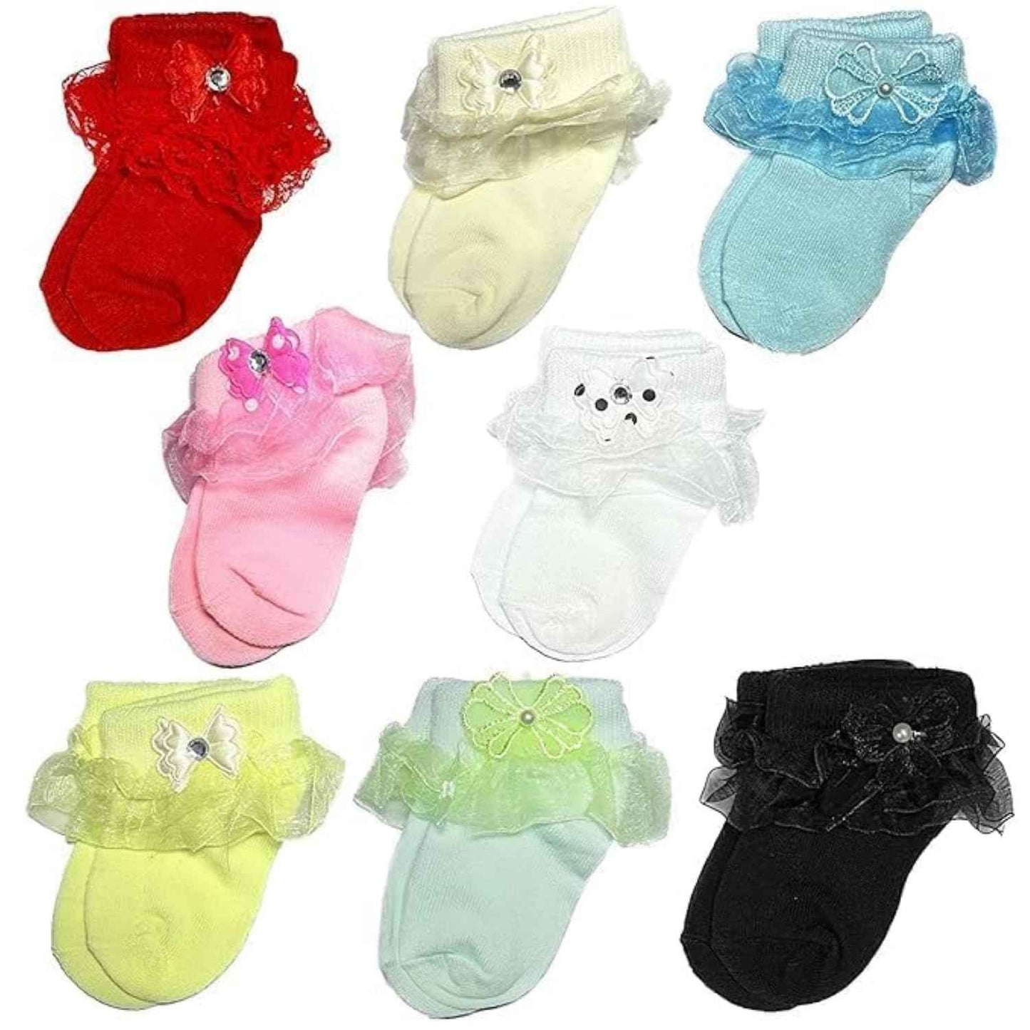 Baby Girls Soft Cotton Lace Ankle Socks - Multicolor Frilly Socks with Bows & Flowers | Pack of 3 | Newborn to 12 Months | Cute Infant Socks for Party