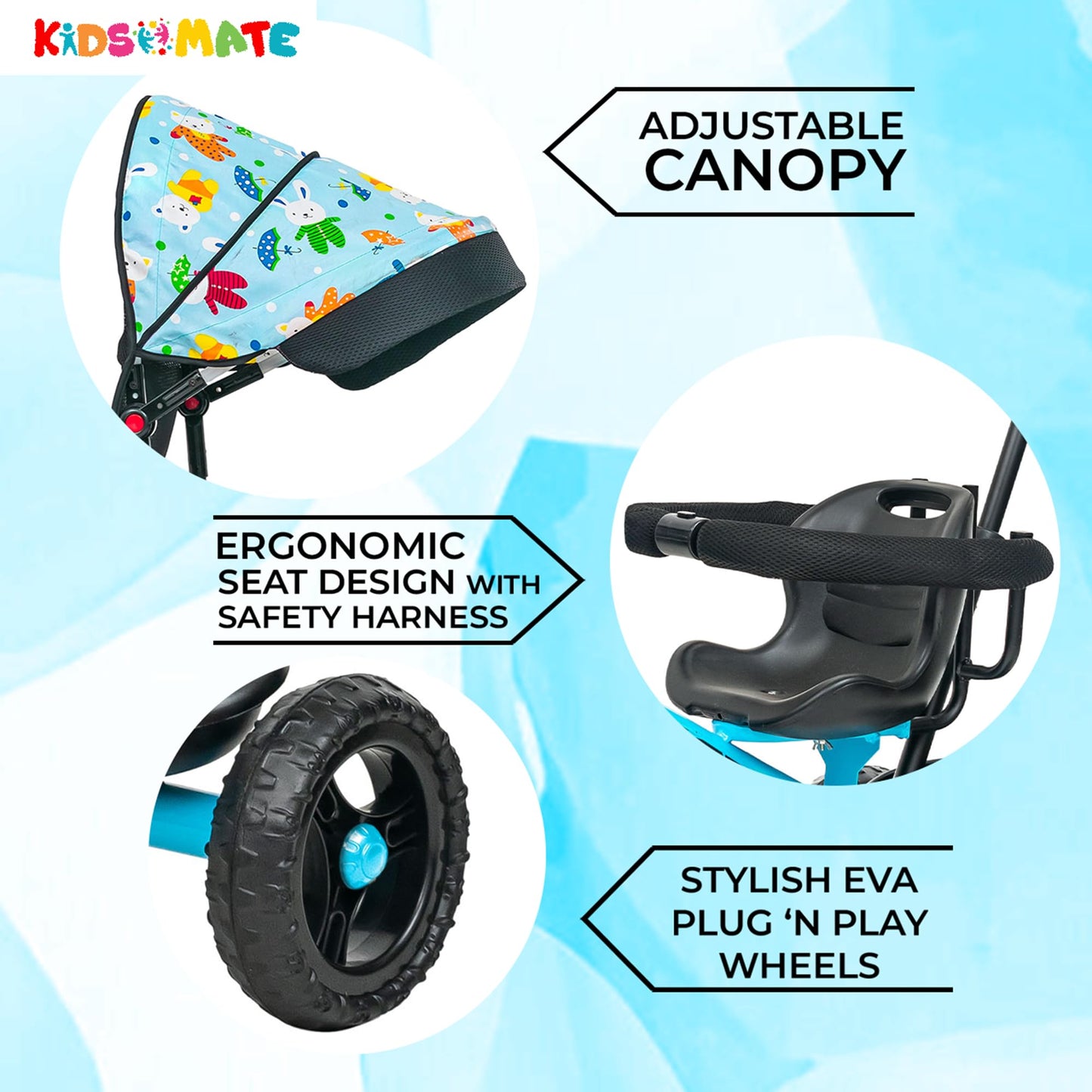 Kidsmate Xplorer 3-in-1 Tricycle for Kids | Durable Plug & Play Baby Trike with EVA Wheels, Safety Rail & Push Handle for Parents | Safe & Comfortable Ride for Toddlers 12-48 Months