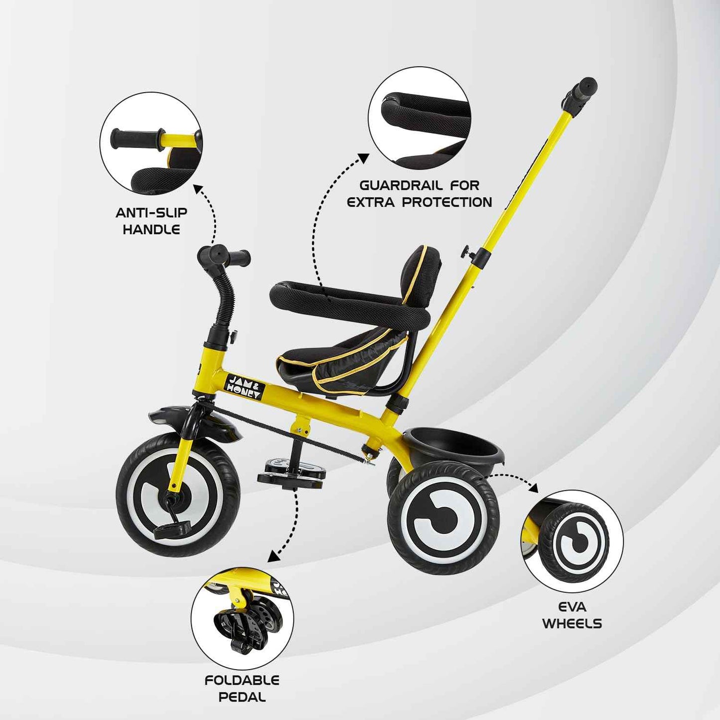 Amazon Brand - Jam & Honey Tricycle for Kids | 2-in-1 with Pedalling & Parental Control | Cushioned Seat | Guardrail & Anti-Slip Handle for Safety | for 2 Years+ Boys and Girls | Yellow and Black