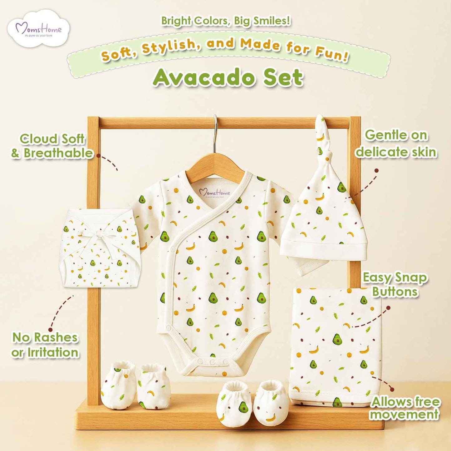 MOM'S HOME Organic Cotton Baby Clothing Set | Baby Essential Clothes For Newborn | Baby Shower Gift Hamper | 0-6 Months | Avocado | Pack of 6