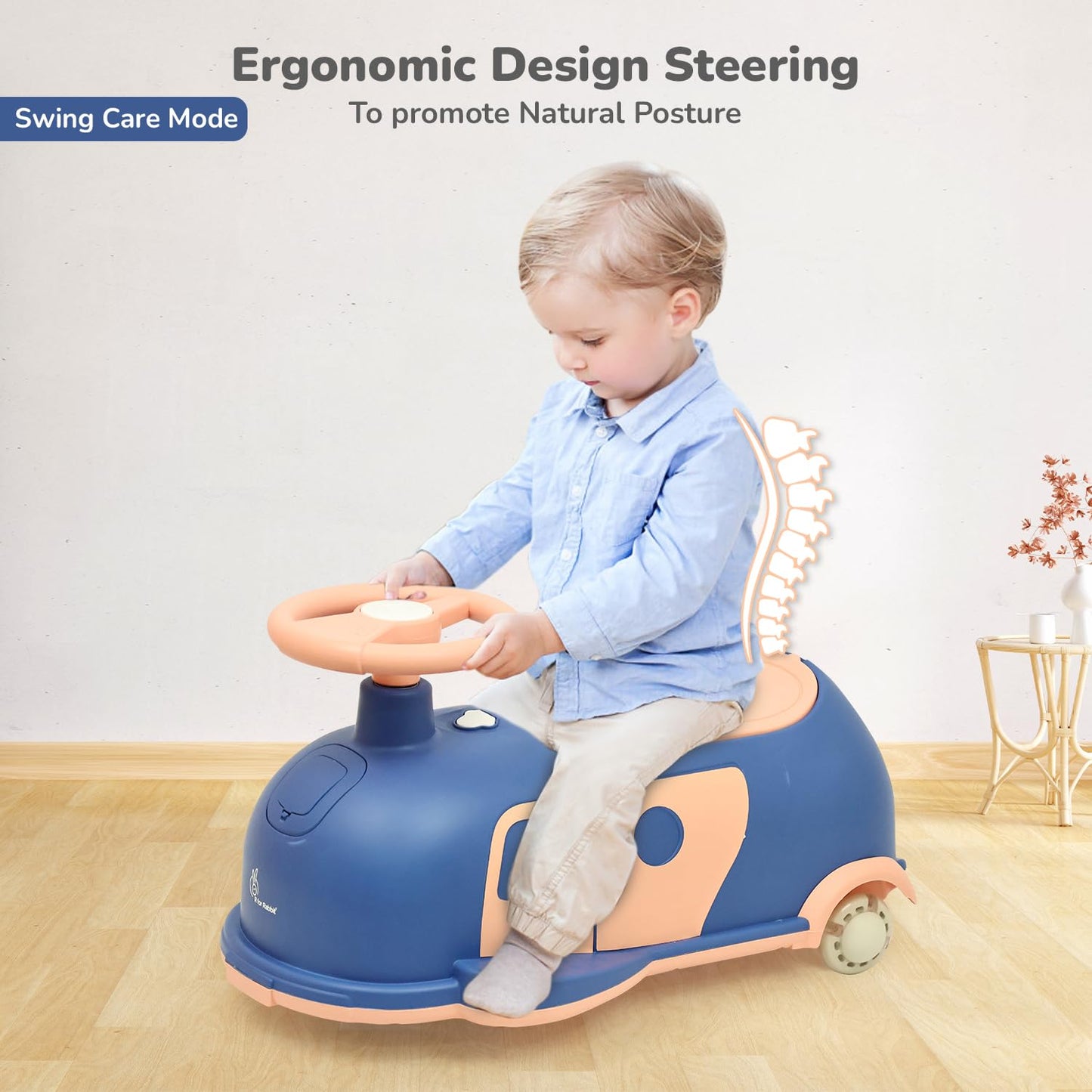 R for Rabbit Iya Iya Caravan 3 in 1 Kids Swing Car, Push & Pull Ride-On with Scratch Free PU LED Wheels & ABEC7 Bearing, Baby Twister Magic Car for 2+ Years Boys & Girls, Upto 75 Kgs (Blue Peach)