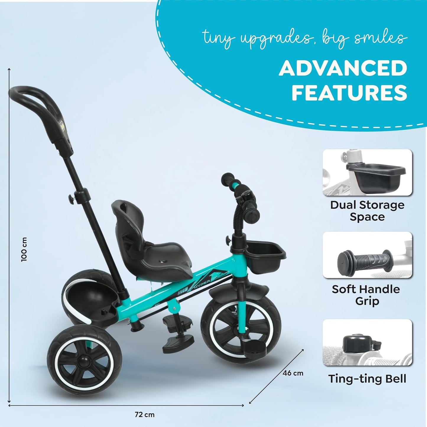 Luusa® TFT Hyper 500 PRO Canopy Plug N Play Tricycle/Baby Tricycle with Parental Control for Age Group 2+ Years Boys/Girls/Carrying Capacity Upto 30-KGS Proudly Made in India (ICE-Blue)