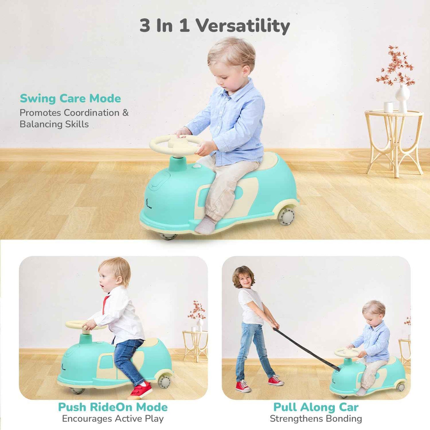 R for Rabbit Iya Iya Caravan 3 in 1 Kids Swing Car, Push & Pull Ride-On with Scratch Free PU LED Wheels & ABEC7 Bearing, Baby Twister Magic Car for 2+ Years Boys & Girls, Upto 75 Kgs (Blue Peach)
