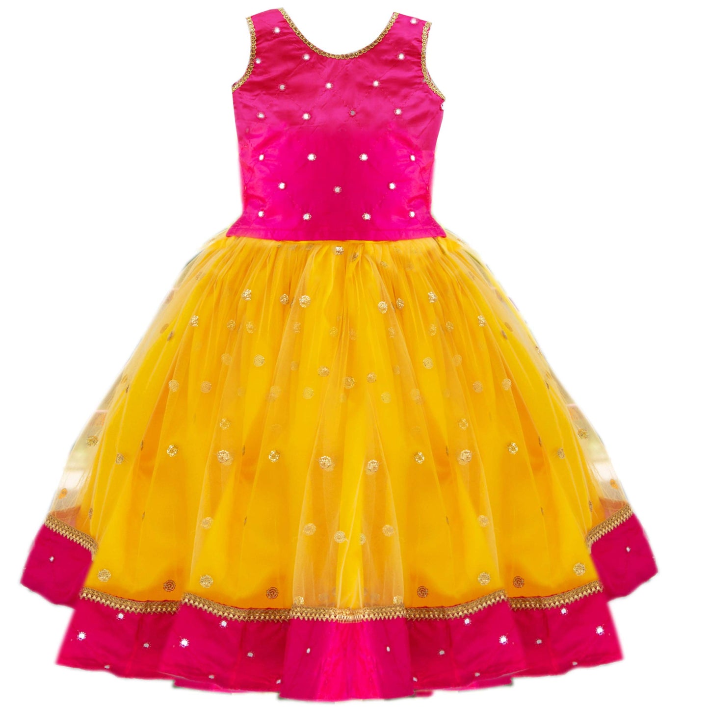 Stanwells Kids Girls Orange & Magenta Mirror Work Flared Net Sleeveless Lehenga Choli Set Pattupavadai for Girls