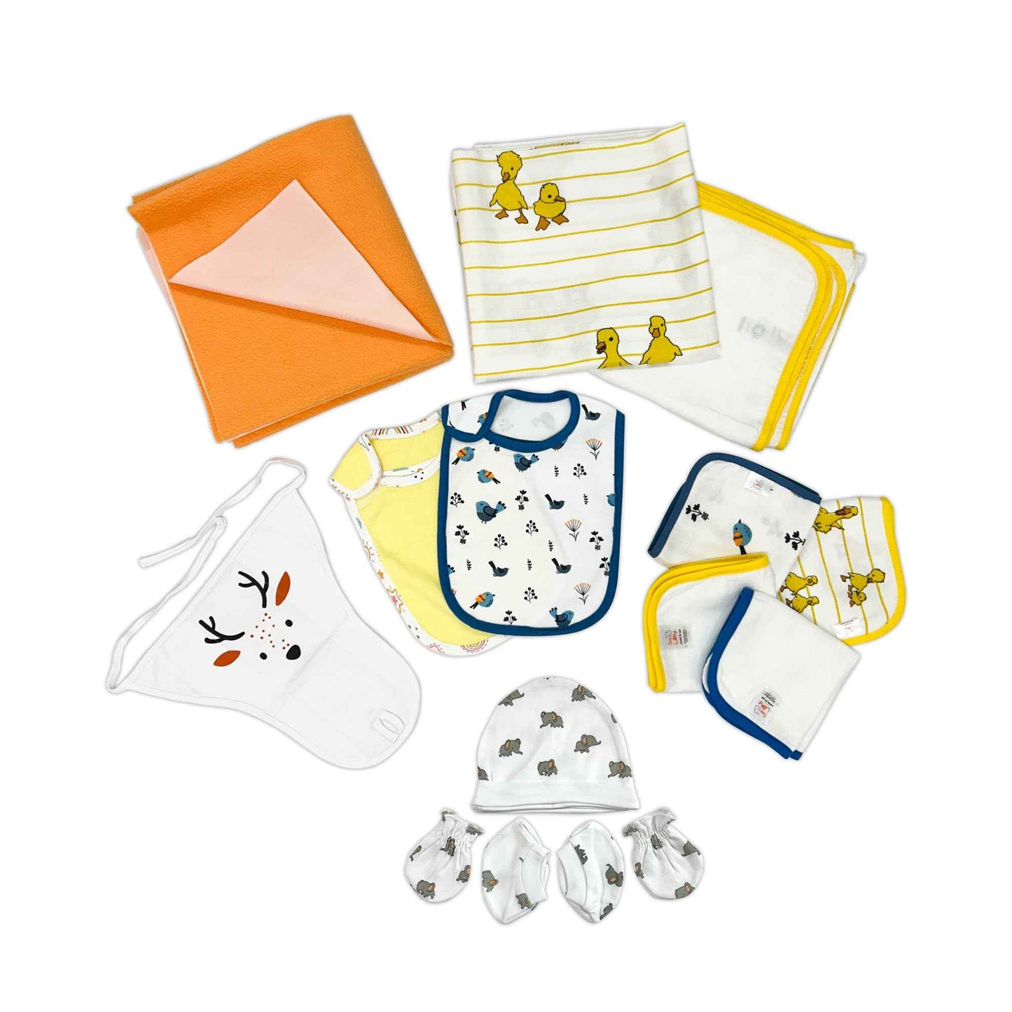 TINYLANE - Curated For You! Newborn Baby Products Gift Set (13 Pcs), Essential Clothing Gift Kit For Infants Of 0-3 Years, Swaddles, Bibs, Cap, Booties, Mittens & Washcloths, Ideal Baby Shower Gift Pack