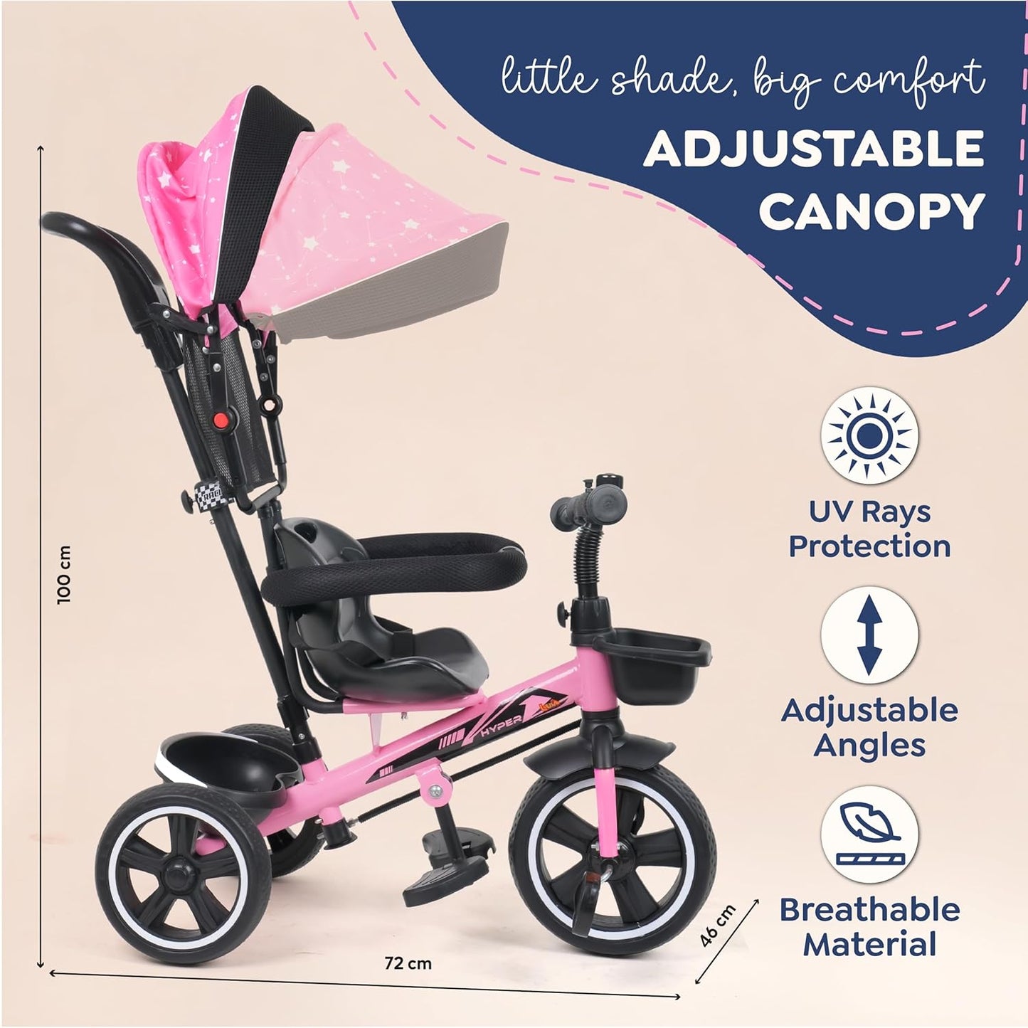 Luusa® TFT Hyper 500 PRO Canopy Plug N Play Tricycle/Baby Tricycle with Parental Control for Age Group 2+ Years Boys/Girls/Carrying Capacity Upto 30-KGS Proudly Made in India (ICE-Blue)