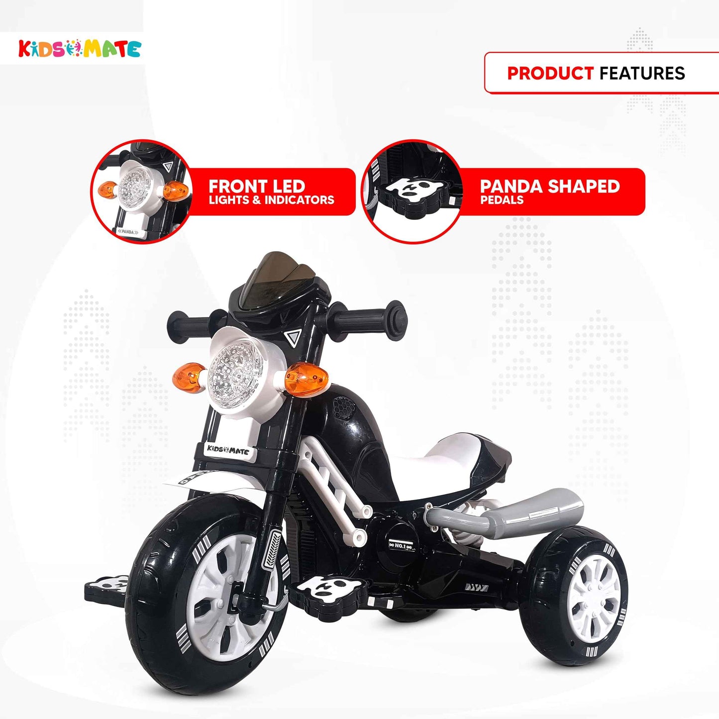 Kidsmate Turbo Bike Pedal Tricycle for Kids | Musical Horn & Lights | Ages 3-6 | Black-White