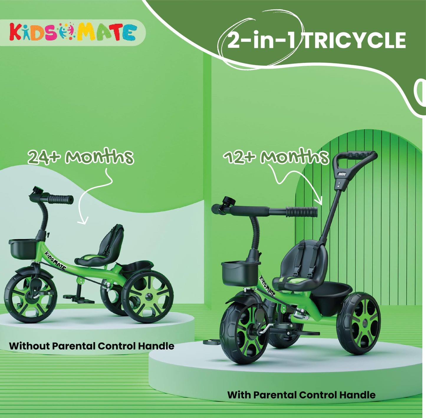 Kidsmate Xplorer 3-in-1 Tricycle for Kids | Durable Plug & Play Baby Trike with EVA Wheels, Safety Rail & Push Handle for Parents | Safe & Comfortable Ride for Toddlers 12-48 Months
