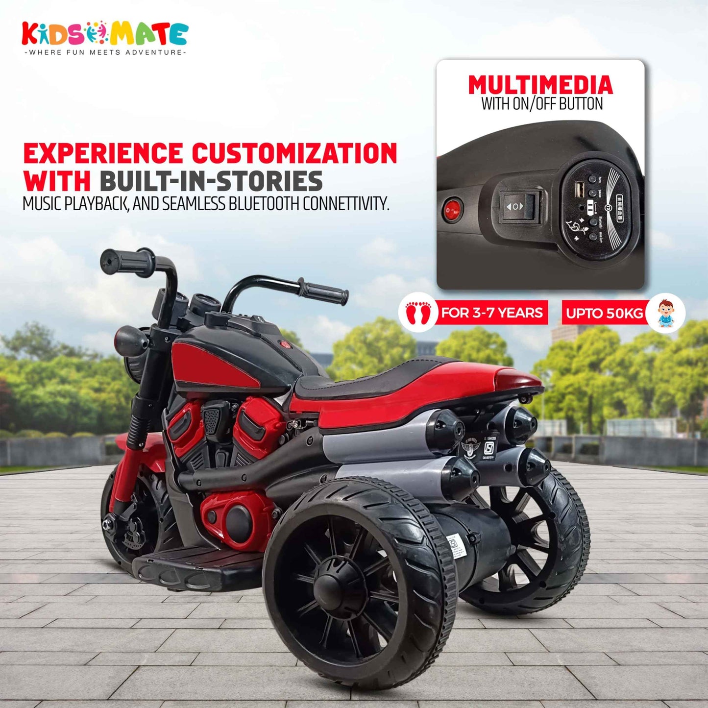 Kidsmate Urban Cruiser Electric Ride-On Bike for Kids | Stylish Chopper Design with LED Lights, Music & USB Bluetooth | 6V Battery-Powered Kids Motor Bike for Boys & Girls 1-5 Yrs - Red