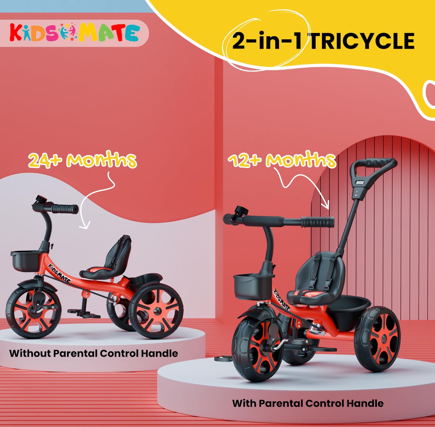 Kidsmate Xplorer 3-in-1 Tricycle for Kids | Durable Plug & Play Baby Trike with EVA Wheels, Safety Rail & Push Handle for Parents | Safe & Comfortable Ride for Toddlers 12-48 Months