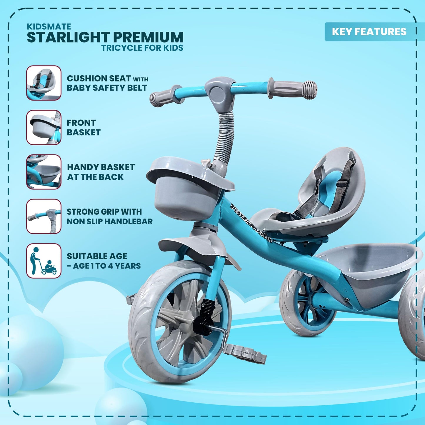 Kidsmate Xplorer 3-in-1 Tricycle for Kids | Durable Plug & Play Baby Trike with EVA Wheels, Safety Rail & Push Handle for Parents | Safe & Comfortable Ride for Toddlers 12-48 Months